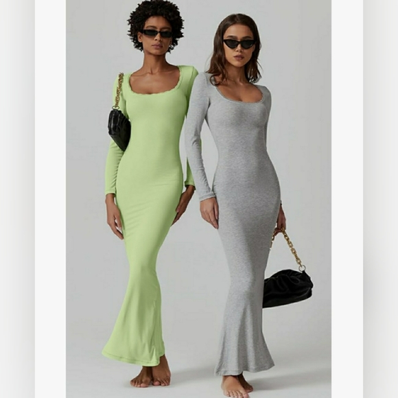 Qinsen Ribbed Knit Green Long Sleeve Maxi Bodycon Dress - Picture 9 of 11